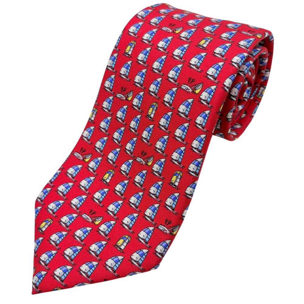 Thatcher Spring Men's Neck Tie Silk Red Geometric Boats Sailing 3.75" X 63" Long